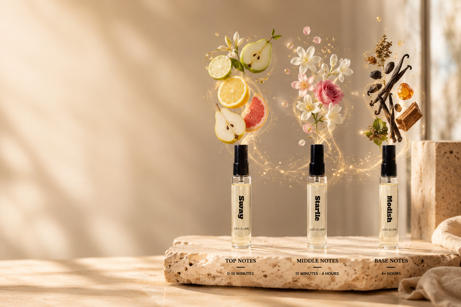 Perfume fragrance pyramid explained Luxury perfume ingredients flat lay Perfume notes from top to base Thousand Mornings fragrance collection Vanilla, sandalwood and bergamot perfume ingredients