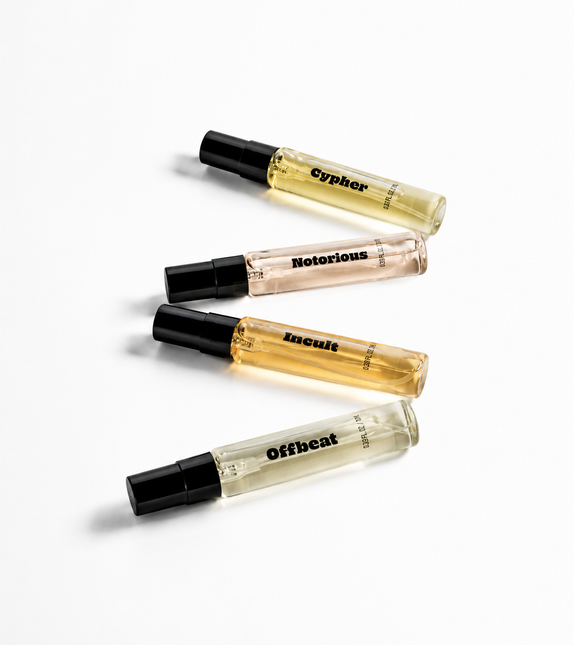 Four clear glass roller bottles with black spray caps arranged diagonally on a white background. The bottles contain different colored liquids and are labeled with black text: 'Cypher', 'Notorious', 'Assult', and 'Offbeat'.