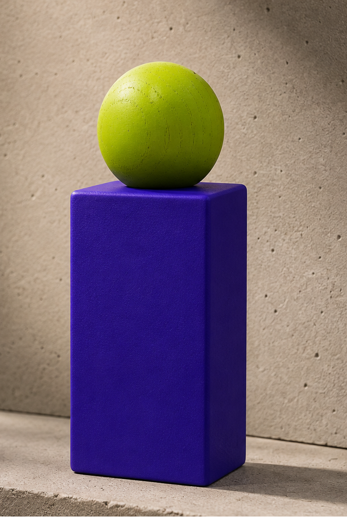 A bright lime green sphere resting on top of a matte purple rectangular block, placed on a light concrete surface against a textured beige wall with soft shadows.