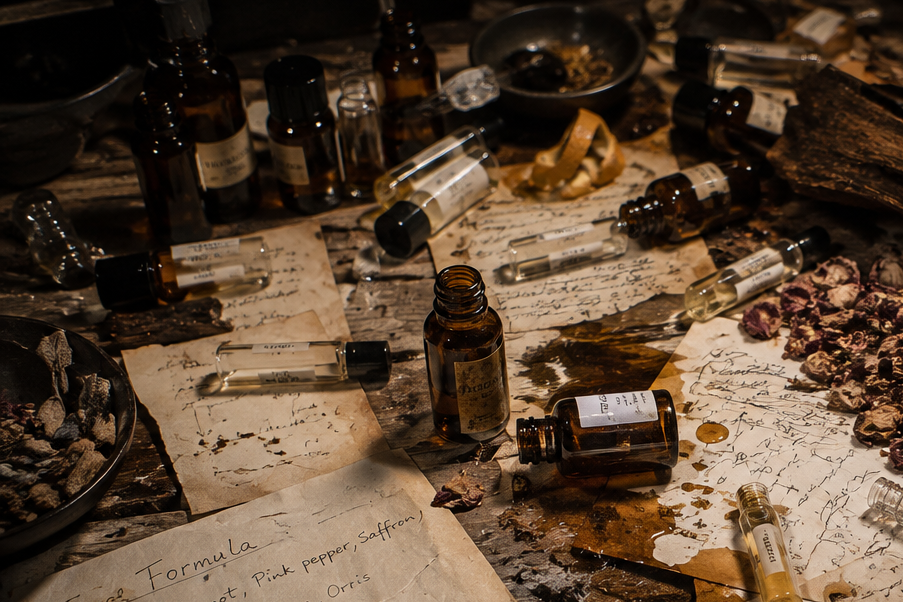 A cluttered tabletop scene filled with vintage amber glass apothecary bottles, handwritten papers, dried botanicals, and aged wood in warm, dim lighting.