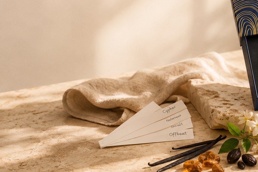 A folded beige linen towel and a stack of cream color sample cards labeled Cypher, Neutral, Warm, and Offbeat, styled on a stone surface with vanilla beans, cocoa nibs, and a small white flower.